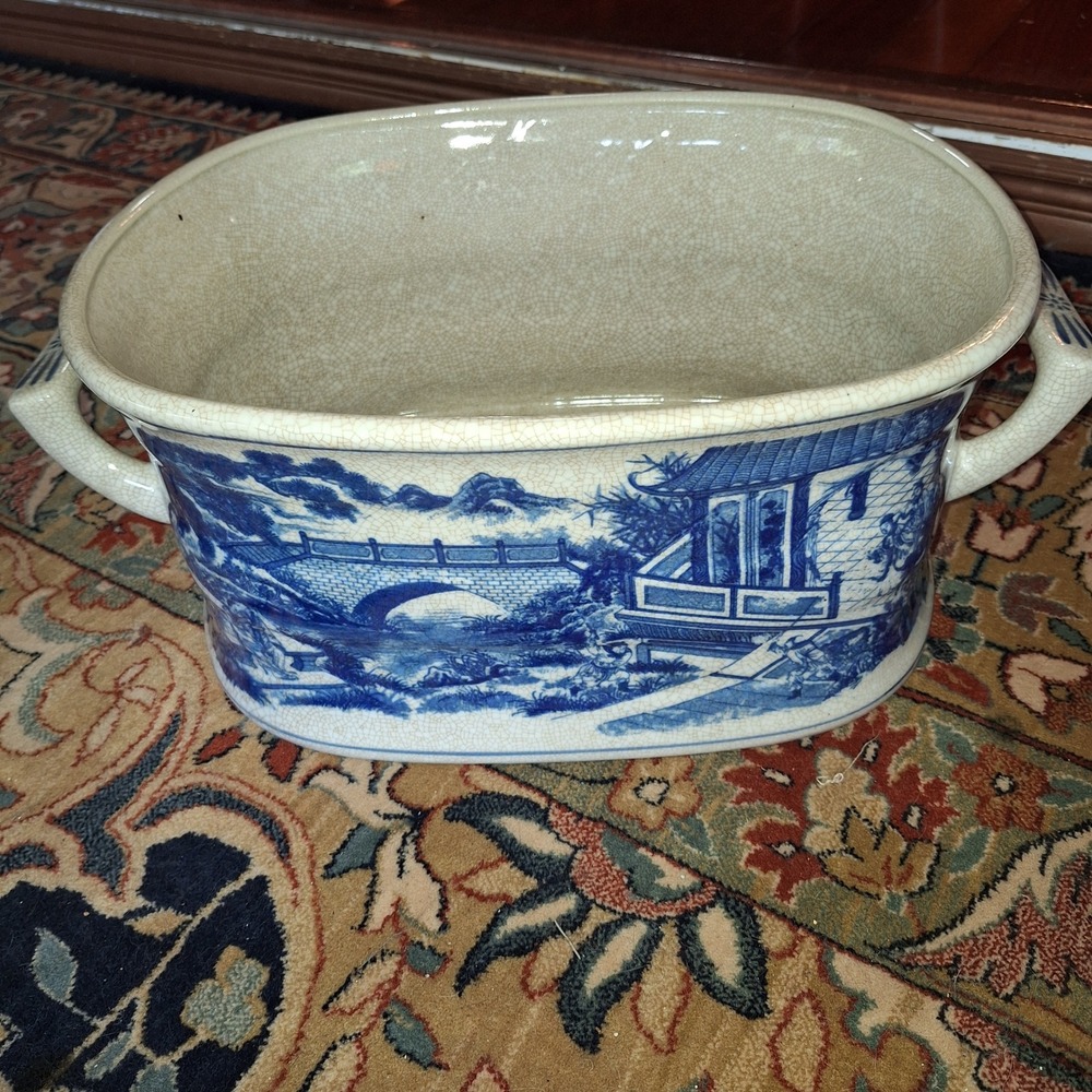 Vintage Blue & White Ceramic Foot Bath Planter Crackle Glaze Oriental Landscape
